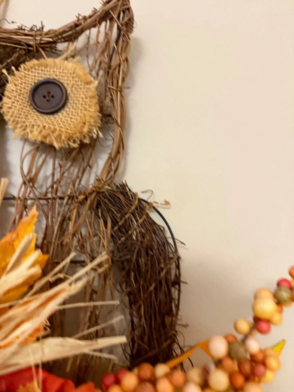 Rustic Fall Owl Grapevine Wreath 16in Autumn Harvest Pumpkin Berries - FALL